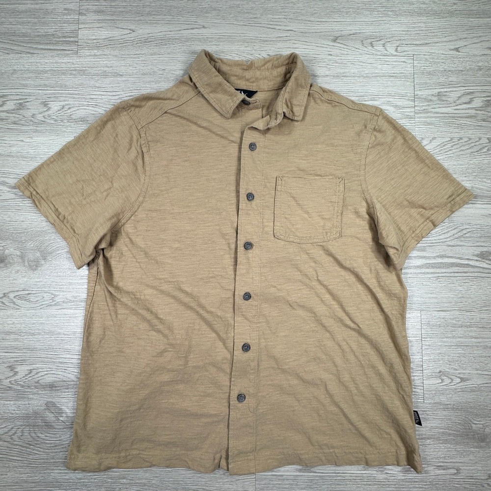Eddie Bauer Men's Button Down Shirt Tan Large Short Sleeve Cotton Slub‎ Pocket